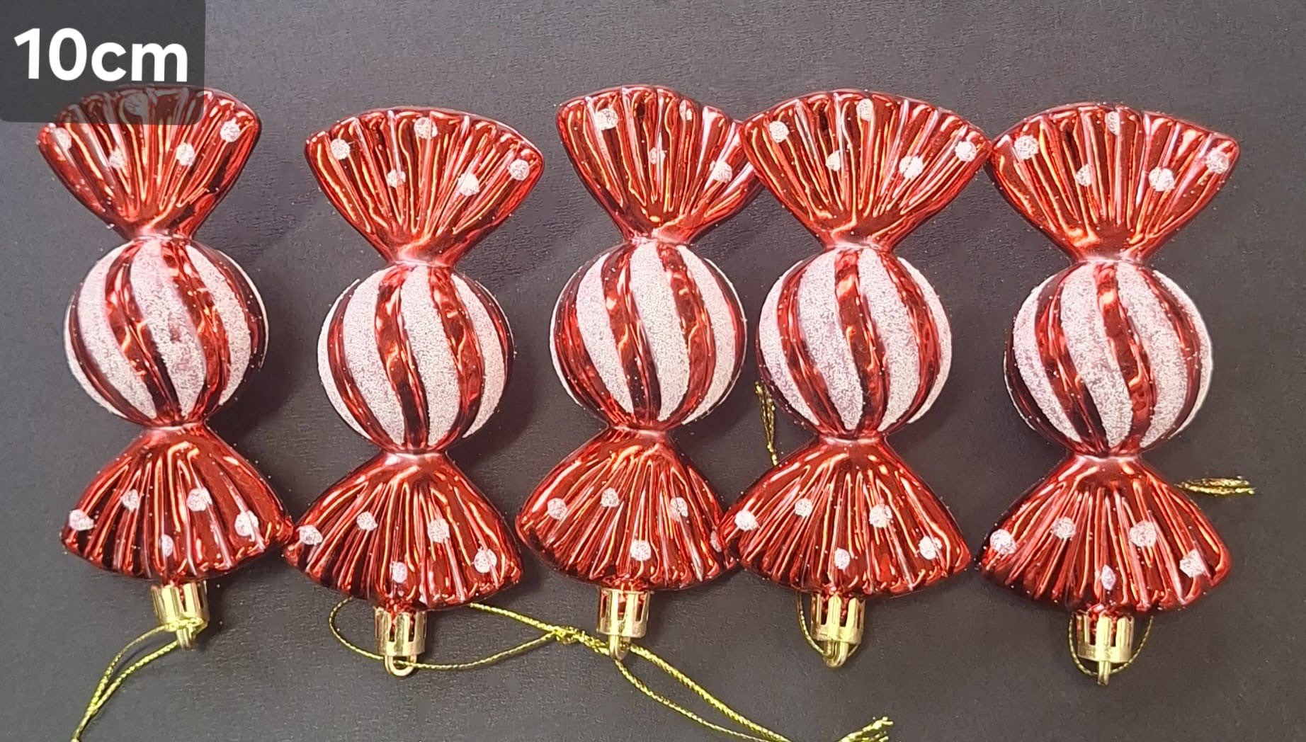 Set 5 Globuri de Crăciun în Formă de Bomboane, Roșii cu Alb și Sclipici - 10cm
