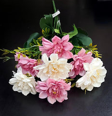 Buchet de dalii artificiale alb ivoire și roz intens – flori mici 33 cm