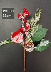 Crenguță artificială de Crăciun cu măr roșu, con și bobițe ninse, 22 cm, set 10 bucăți