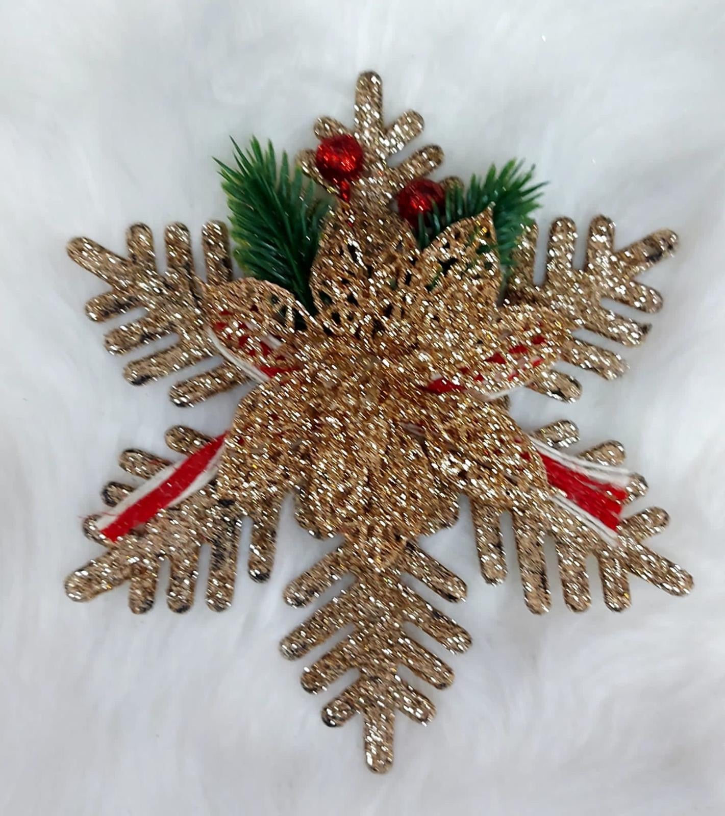 Fulgi decorativi Crăciun aurii cu floare și crenguțe verzi 15cm - 10/set