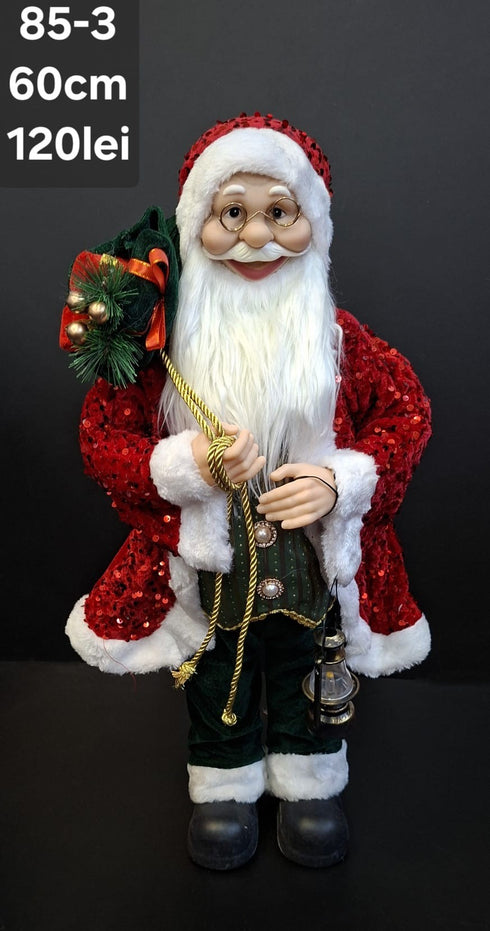 Moș Crăciun decorativ, costum roșu cu paiete, sac și felinar - 60cm