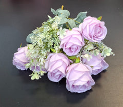 Buchet artificial 7 trandafiri mov liliac, flori mari, decor elegant, 49cm