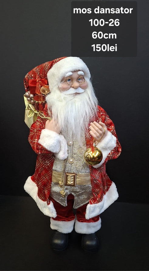 Moș Crăciun muzical cu cheiță, costum roșu-auriu și glob decorativ - 60cm