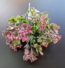 Verdeață artificială decorativă cu frunze rotunjite și boboci roz, 30cm