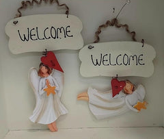 Plăcuțe decorative “Welcome” cu îngerași – decor ceramic Crăciun 2/set 15cm