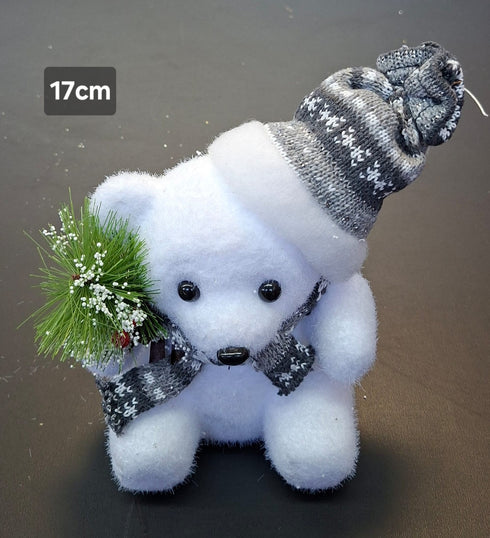 Decoratiune Urs polar alb cu fular gri, 17cm – set 5 bucăți