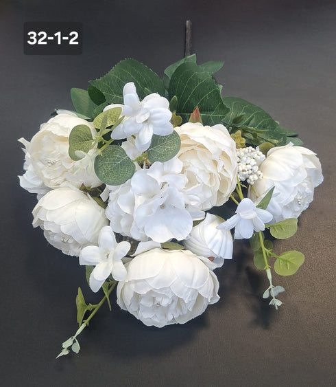 Buchet cu Bujori Albi-Verzui 49cm – Flori Artificiale din Material Textil