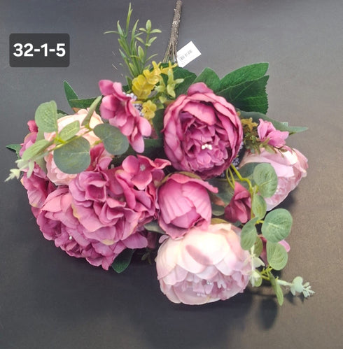 Buchet cu Bujori și Hortensii Roz Ciclam 49cm – Flori Artificiale din Material Textil