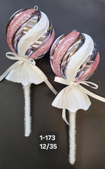 Figurine de brad bomboane sferice roz-argintiu 12x35cm, set 2 buc