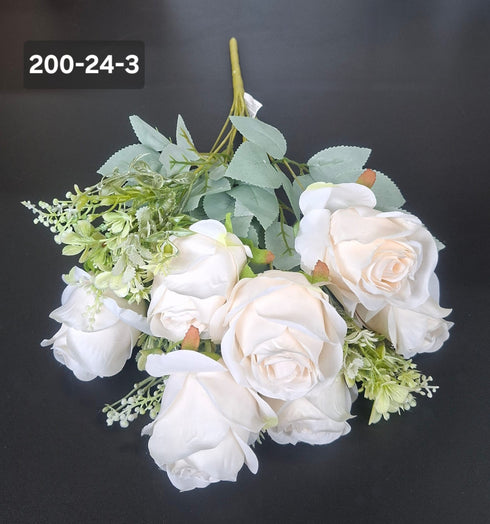 Buchet artificial 7 trandafiri crem, flori mari, decor elegant - 49cm
