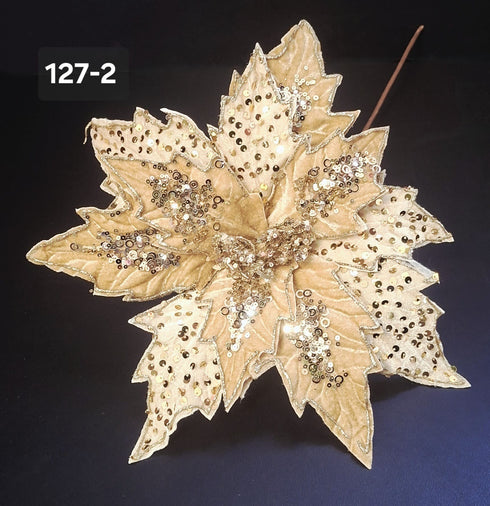 Floare de Crăciun decorativă champagne cu paiete aurii – floare 33cm, tijă 40cm