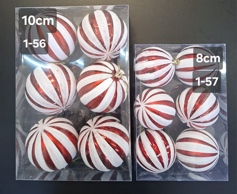 Globuri roșii cu dungi albe tip candy cane – Set 6 bucăți, 8cm / 10cm