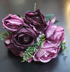 Buchet 6 trandafiri mov inchis artificiali – 46cm, tije sârmă, material textil