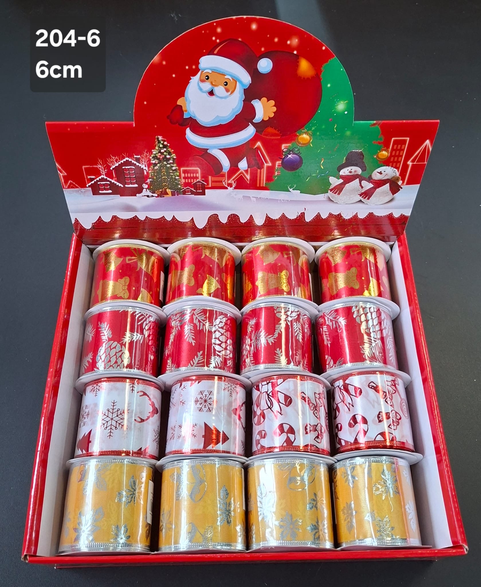 Panglică decorativă Crăciun – roșu, alb și auriu 6cm
