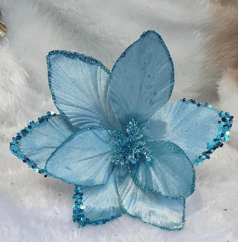 Flori Crăciun bleu cu paiete turcoaz – decor modern 10/set
