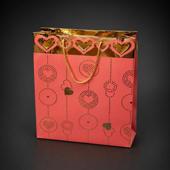 Set 12 pungi cadou din carton roz cu inimioare aurii - 32X25cm
