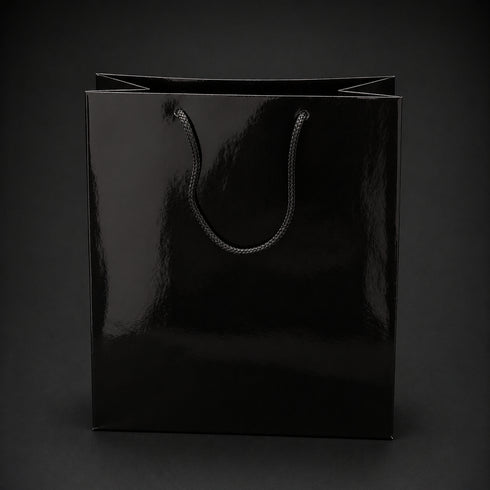 Set 12 pungi cadou negre lucioase cu mânere din șnur - 20x14cm