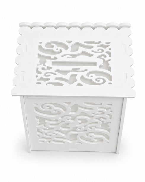 Cutie de dar albă din lemn, cu model floral traforat - 25×26×30cm