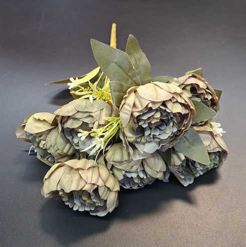 Buchet cu bujori artificiali kaki-gri și frunze verde închis – 40cm