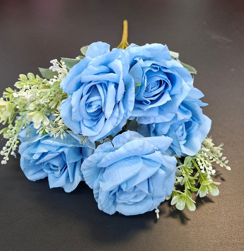 Buchet artificial 7 trandafiri albastri, flori mari - decor elegant, 47cm