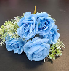 Buchet artificial 7 trandafiri albastri, flori mari - decor elegant, 47cm