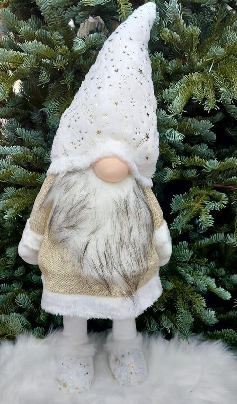 Gnom Decorativ cu Căciulă Albă cu Stele Aurii și Barbă Lungă – 50cm