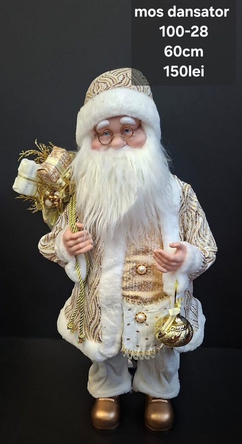 Moș Crăciun muzical cu cheiță, costum alb-auriu și glob decorativ - 60cm