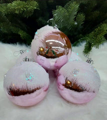 Globuri Crăciun Roz Pudrat cu Sclipici și Reflexii Metalice – 6/set