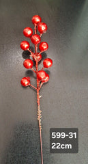 Bobite decorative Crăciun roșii lucioase pe tijă 22cm – set 100 buc