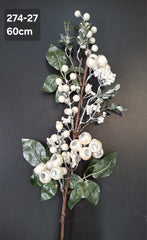 Crenguță artificială de Crăciun cu fructe albe și frunze verzi – 60cm 10/set