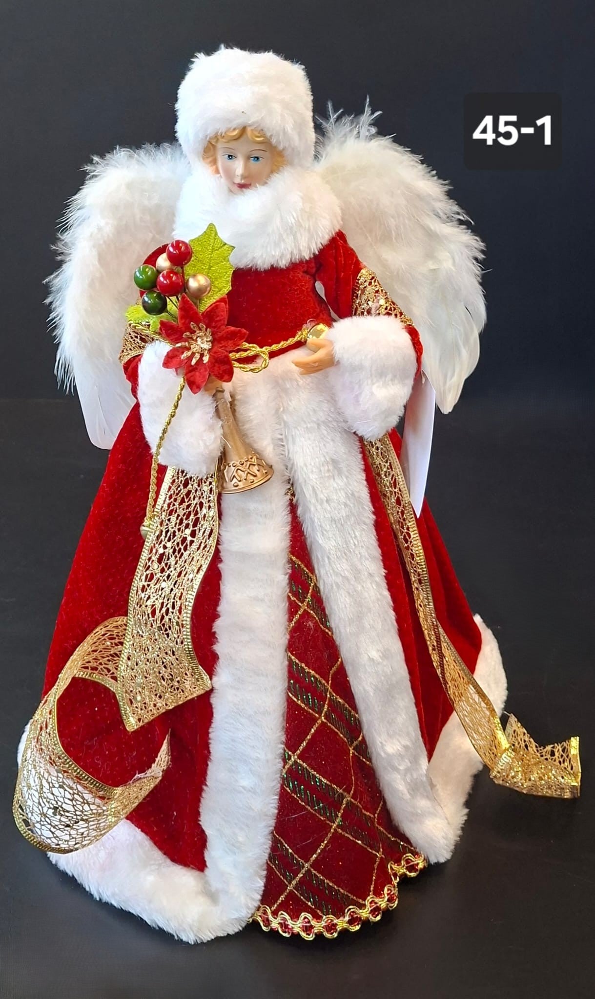 Înger decorativ roșu cu aripi albe vârf de brad 44cm