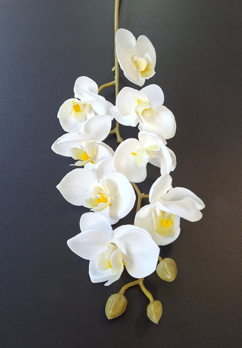 Orhidee artificială mini Phalaenopsis 80cm alb pur cu centru galben
