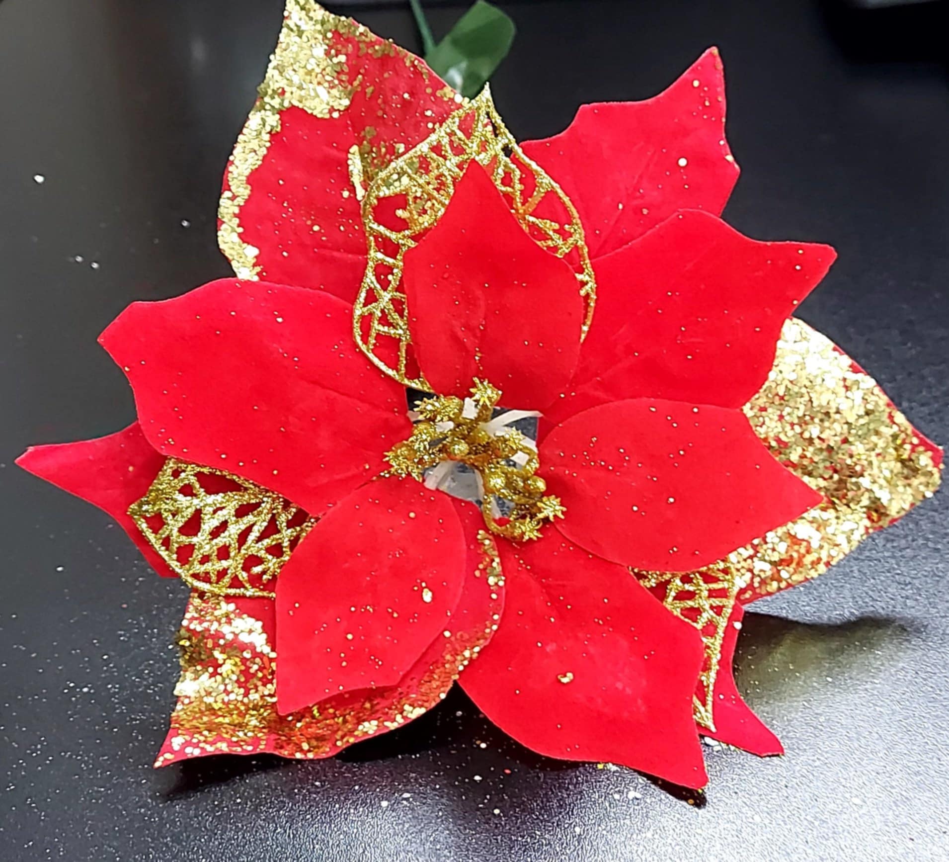 Crăciunițe artificiale roșii cu auriu – flori decorative festive 24/set