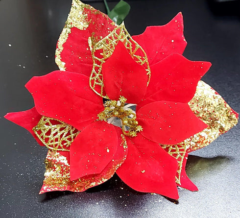 Crăciunițe artificiale roșii cu auriu – flori decorative festive 24/set