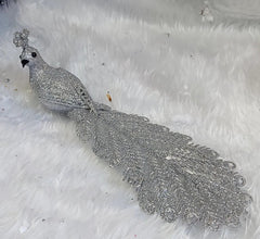 Ornament Crăciun Păun Argintiu cu Coada Lungă Glitter - 20cm 10/set