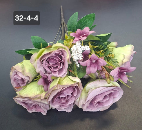Buchet 7 trandafiri mov lila artificiali – 49cm, tije sârmă, material textil