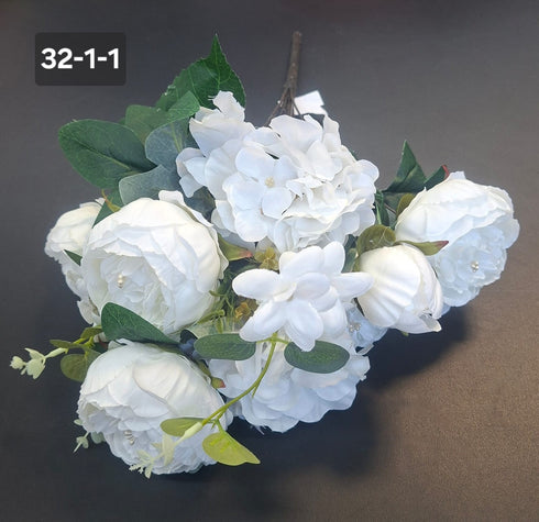 Buchet cu Bujori și Hortensii Albe 49cm – Flori Artificiale din Material Textil