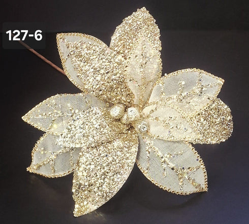 Floare decorativă de Crăciun aurie cu paiete și cristale – Ø 35cm, tijă 50cm