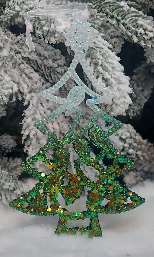 Decorațiuni brăduț verde cu sclipici – set 10 bucăți