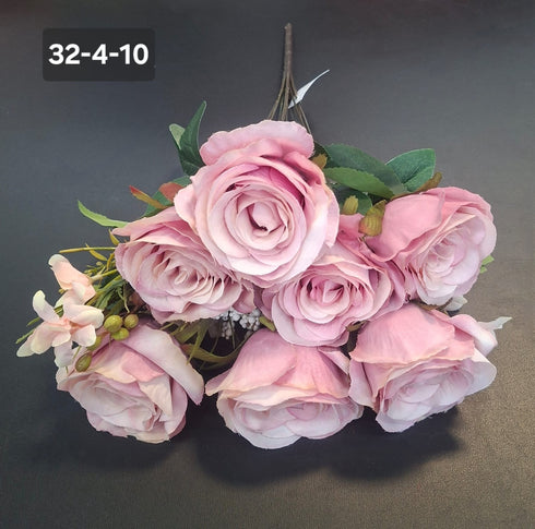 Buchet 7 trandafiri roz pastel artificiali – 49cm, tije sârmă, material textil