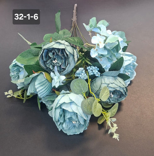 Buchet cu Bujori și Hortensii Bleu 49cm – Flori Artificiale din Material Textil