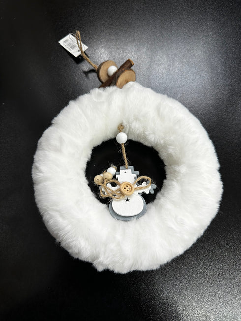 Ornament Coronița Crăciun pufoasă albă cu om de zăpadă și detalii naturale - 18cm
