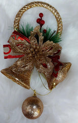 Ornament Crăciun Clopoței Aurii cu Fundă Roșie și Glob - 10/set