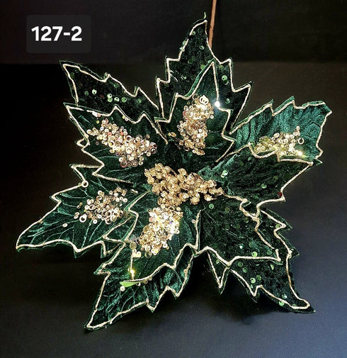 Floare de Crăciun decorativă verde smarald cu paiete și detalii aurii – floare 33cm, tijă 40cm