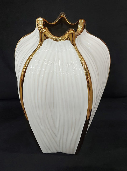 Vază decorativă ceramică 25 cm Lve – alb lucios cu detalii aurii elegante (98-10)