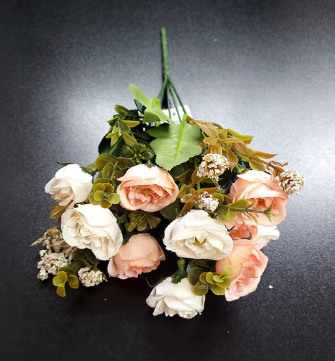Buchet flori artificiale ranunculus alb si piersica cu flori uscate – 28cm, aspect natural