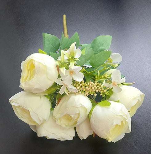 Buchet bujori artificiali crem cu flori albe – 40cm, 9 capete