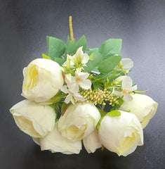 Buchet bujori artificiali crem cu flori albe – 40cm, 9 capete