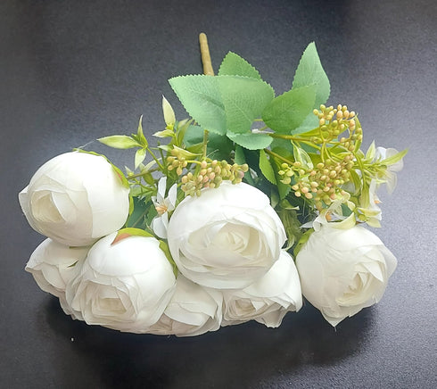 Buchetbujori artificiali alb cu flori albe – 40cm, 9 capete