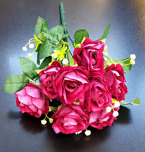 Buchet flori artificiale trandafiri roșu-burgundy – 34cm, aspect natural